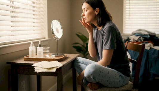 Woman using fragrance-free moisturizer at vanity