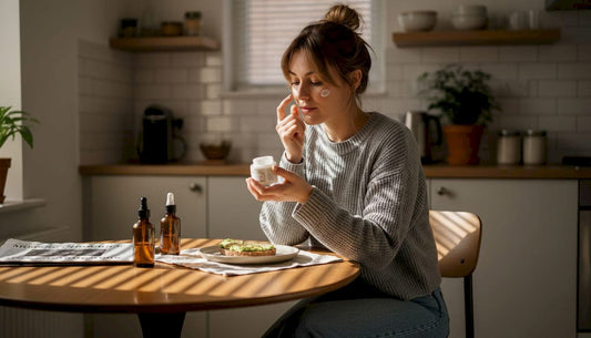 Woman applying skincare at kitchen table