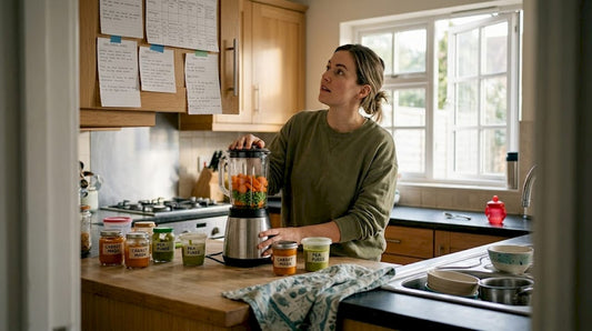 Parent preparing homemade baby food in kitchen