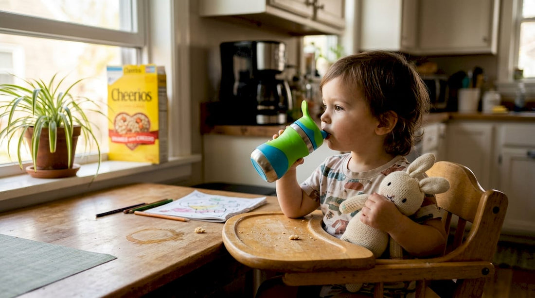 Toddler drinks from safe stainless sippy cup