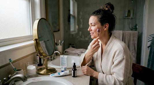 Woman demonstrating at-home derma rolling routine