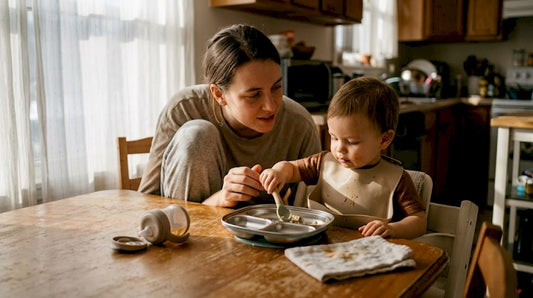 Parent helping toddler eat with safe baby plate