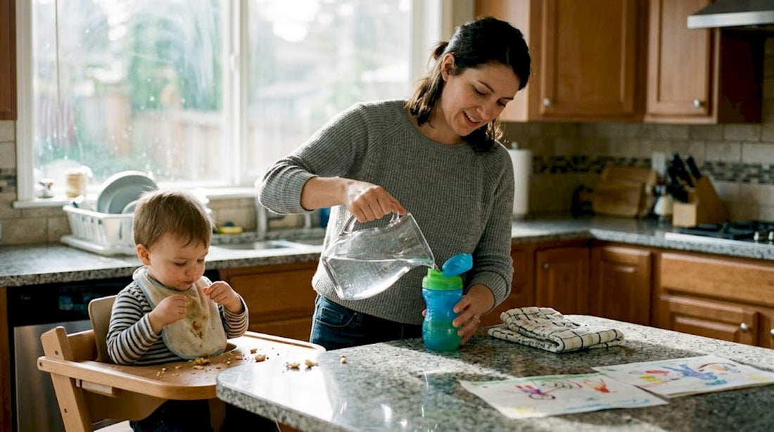 Parent preparing sippy cup for toddler at home