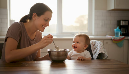 Parent feeding baby with thermal set in kitchen