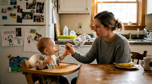 Parent feeding baby with phased set at kitchen table