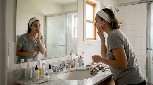 Woman applying moisturizer at bathroom sink