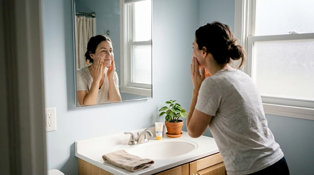 Woman applying moisturizer beside sunscreen in bathroom