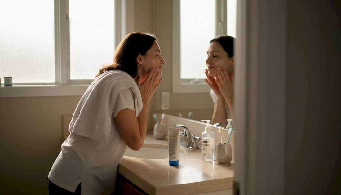 Woman applying gentle skincare in home bathroom