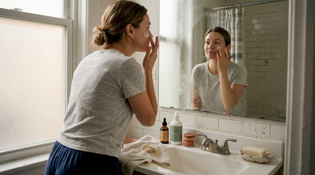 Woman applying sunscreen in sunlit bathroom