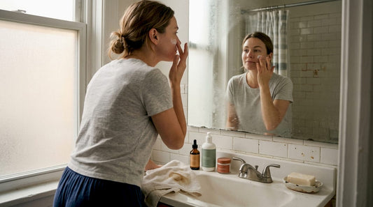 Woman applying sunscreen in sunlit bathroom