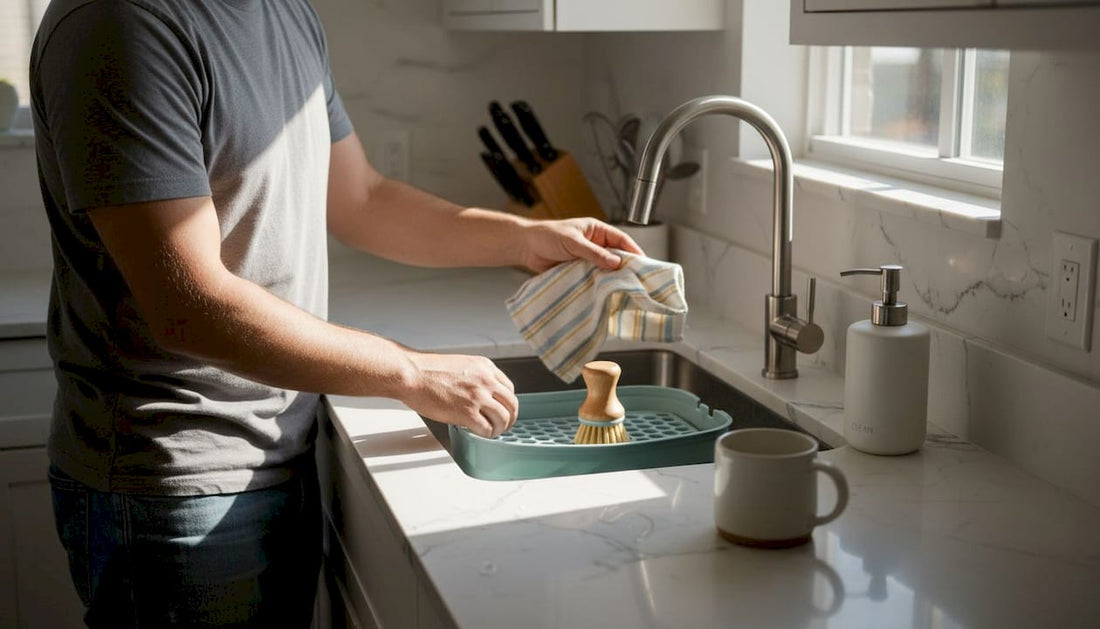 Parent preparing baby bottle cleaning station