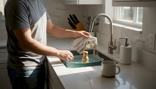 Parent preparing baby bottle cleaning station