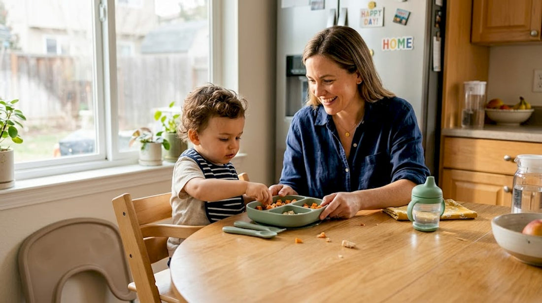 Parent and toddler using compact feeding kit at kitchen table