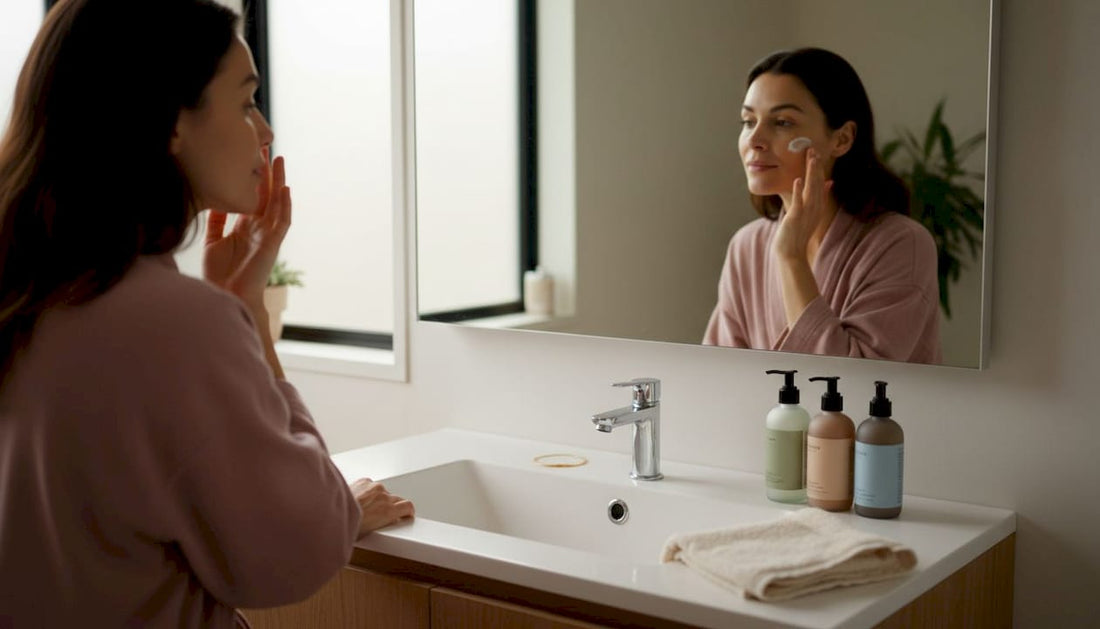 Woman applying skincare in bathroom morning routine