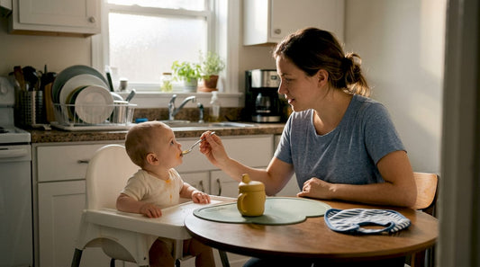 Mother feeding baby in urban kitchen