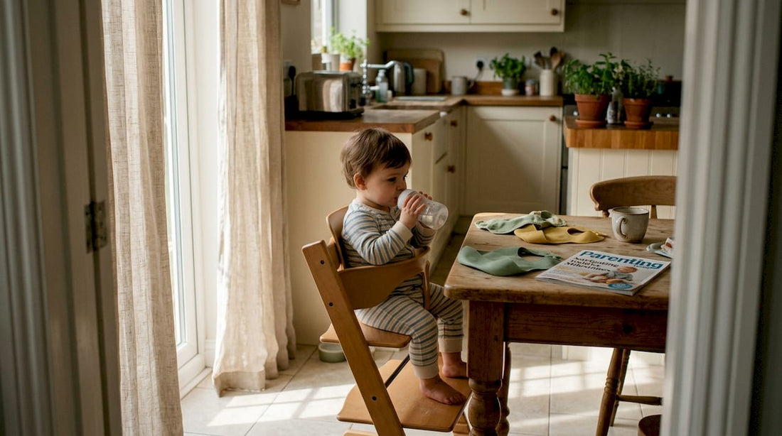 Toddler using transitional bottle at breakfast