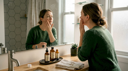 Woman applies skincare serum in home bathroom