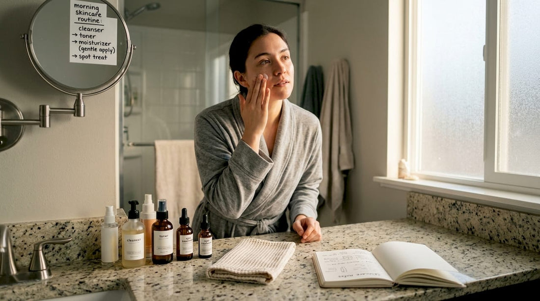 Person applying skincare in morning bathroom routine