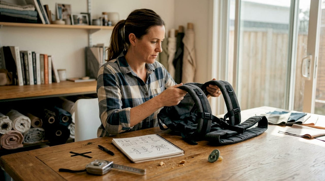 Designer reviewing ergonomic baby carrier prototype