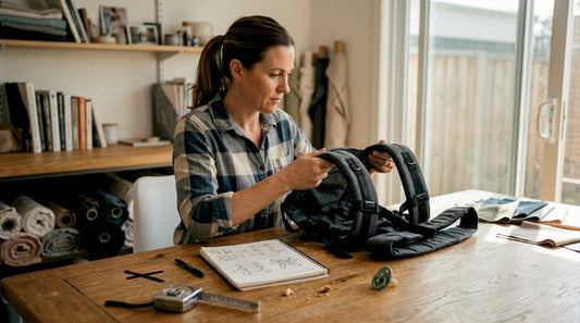 Designer reviewing ergonomic baby carrier prototype