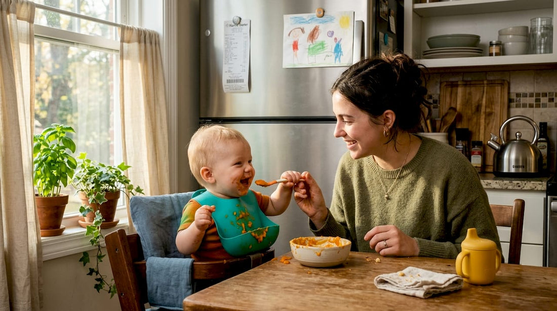 Parent feeding baby wearing adjustable bib