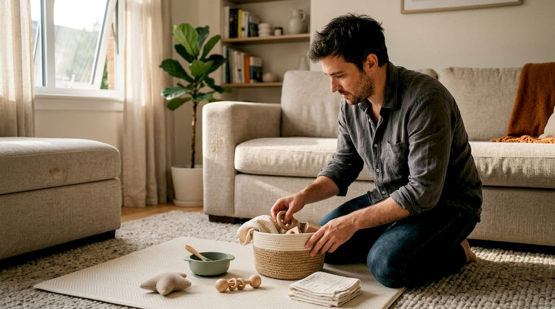 Parent organizing minimalist babyware in living room