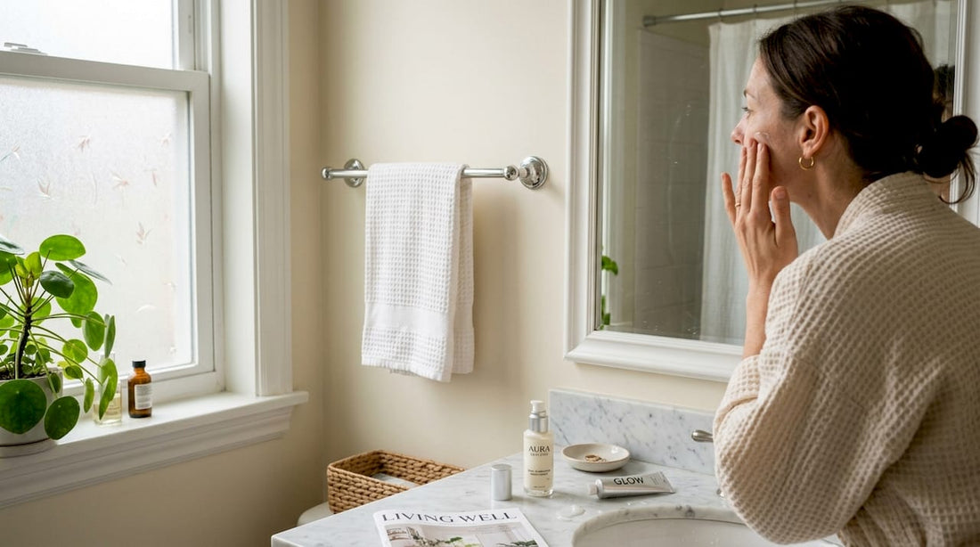 Woman applying moisturizer in sunlit bathroom