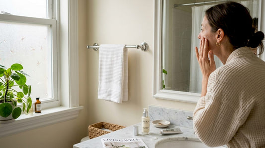 Woman applying moisturizer in sunlit bathroom