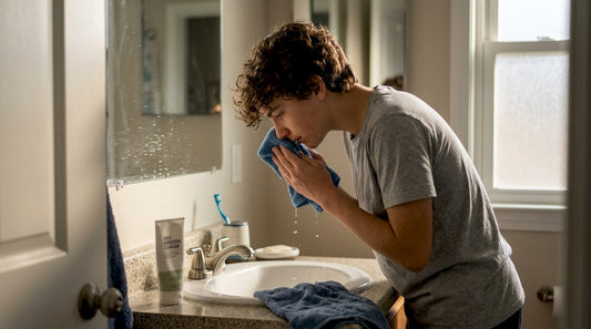 Teen washing face at bathroom sink
