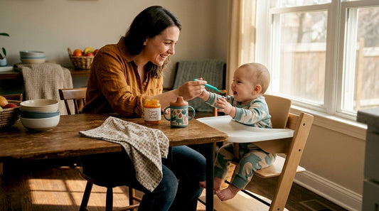 Parent feeding baby at kitchen table scene