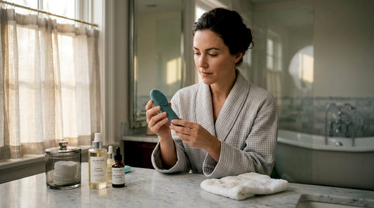 Woman examining silicone facial cleansing brush