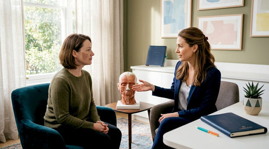 Dermatologist discusses melasma diagnosis with patient