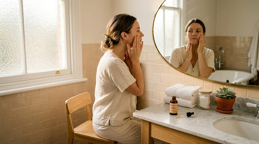 Woman applying squalane oil in bright bathroom