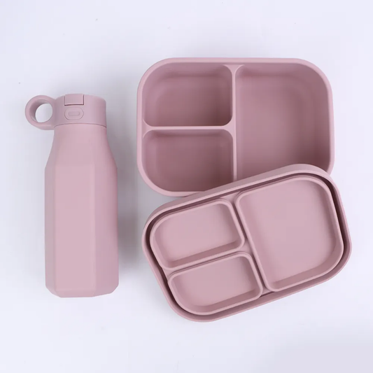 Combo Silicone Bento Box for Kids and flat Water Bottle BPA Free Silicone lunch box containers for kids adults with Water Bottle