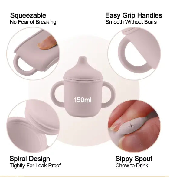 Image showing features of the 8-Piece Silicone Baby Feeding Set - Suction Plate, Bowl, Bib & Cup - BPA-Free Mess-Free First Foods Set for Babies & Toddlers, including squeezable flexible material, easy grip handles, spiral leak-proof design, and a sippy spout for chewing to drink.