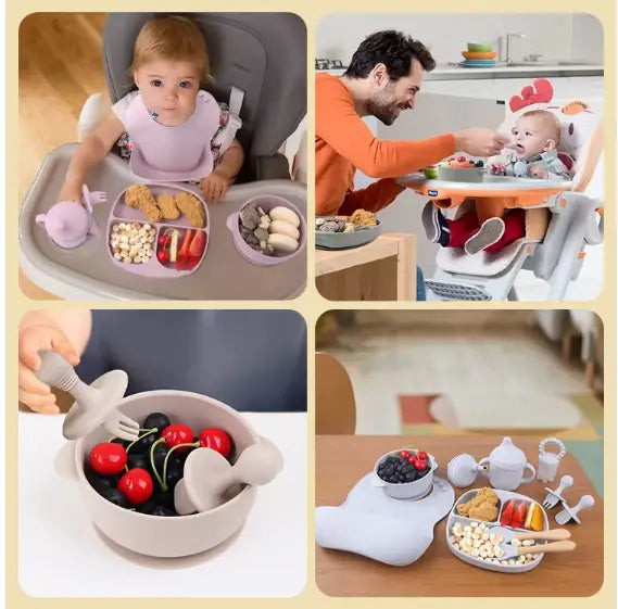  a baby using a high chair and tableware set with food.