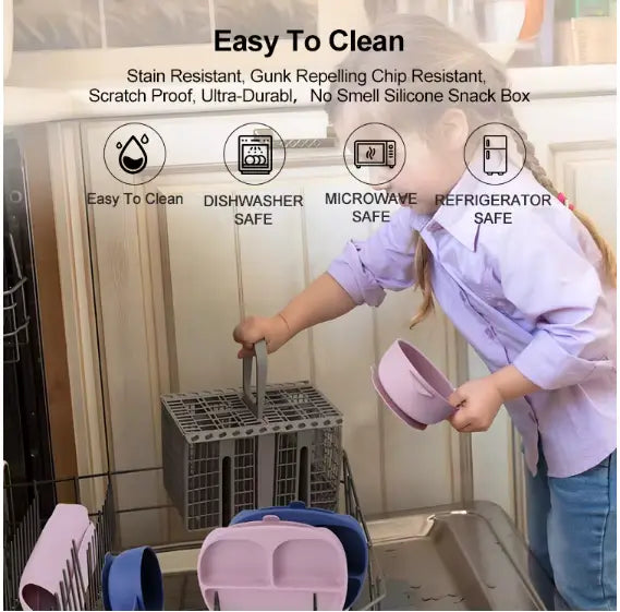 Child using a silicone snack box in a dishwasher with product features highlighted.