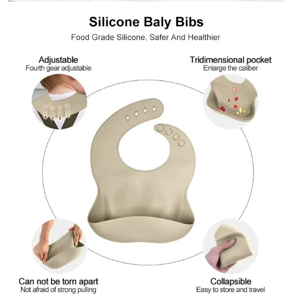 Silicone baby bib with features highlighted on a white background