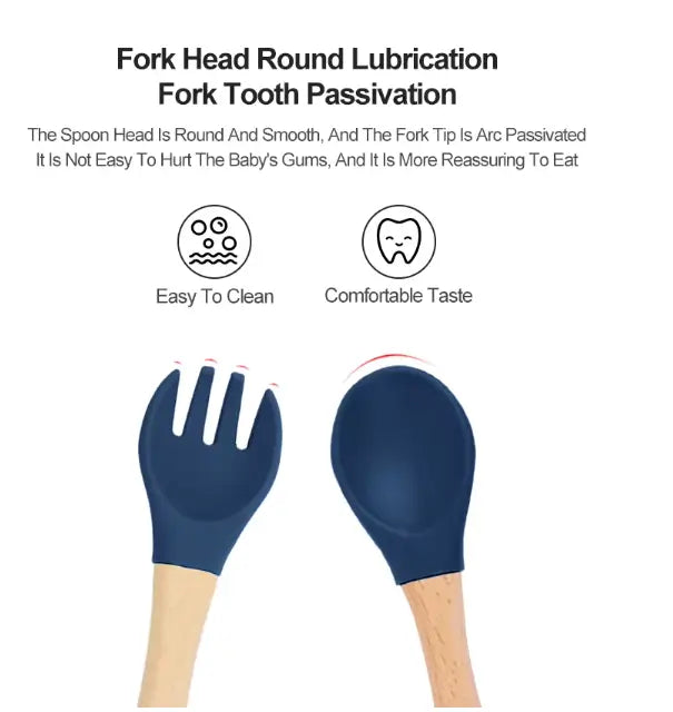 Navy blue silicone spoon and fork with wooden handles on a white background, featuring text about their design features.