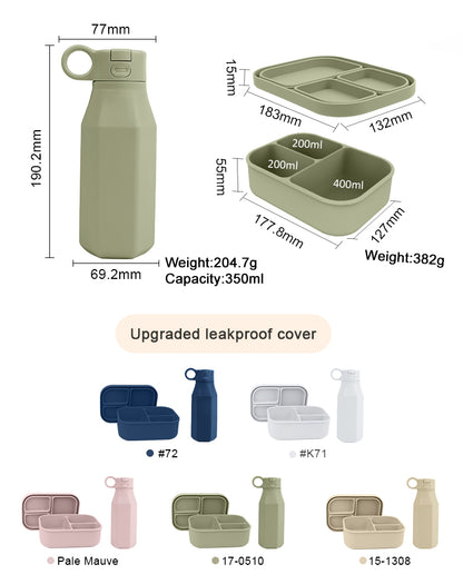 Combo Silicone Bento Box for Kids and flat Water Bottle BPA Free Silicone lunch box containers for kids adults with Water Bottle