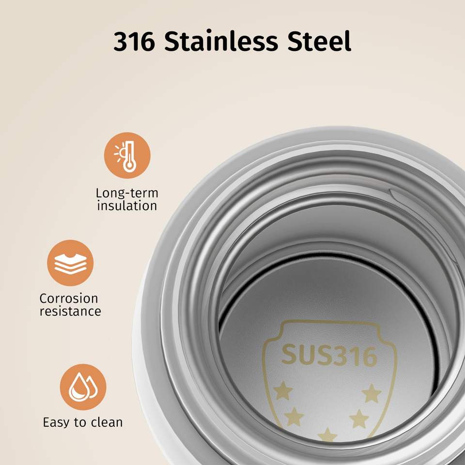 Close-up view of the inside of a 316 stainless steel container highlighting features like long-term insulation, corrosion resistance, and easy cleaning, for Portable Wireless Rechargeable Milk and Water Heater for Infant Feeding | Fast 3-Min Wireless Milk and Water Warmer | 9000mAh Long-Lasting Battery and LCD Displ.