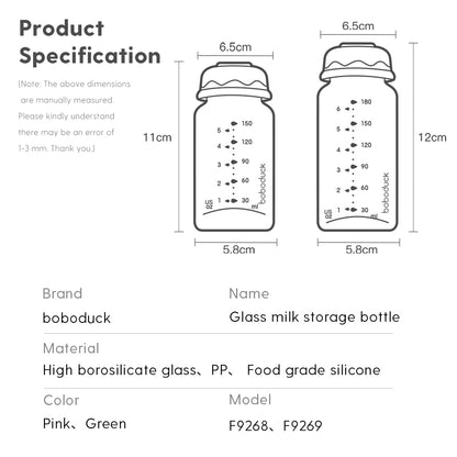 Babyflaske bredhalset glasmodermælksbeholder til opbevaring af modermælk, BPA-fri, kompatibel med modermælkskøler 180 ml