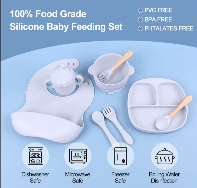 8-Piece Silicone Baby Feeding Set - BPA-Free Suction Plates & Bowls with Bib | Toddler Self-Feeding Essentials
