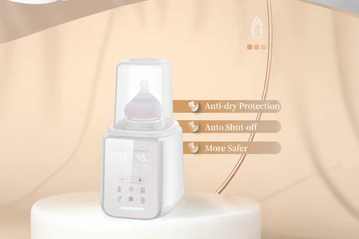 White baby bottle warmer with digital display on a beige background