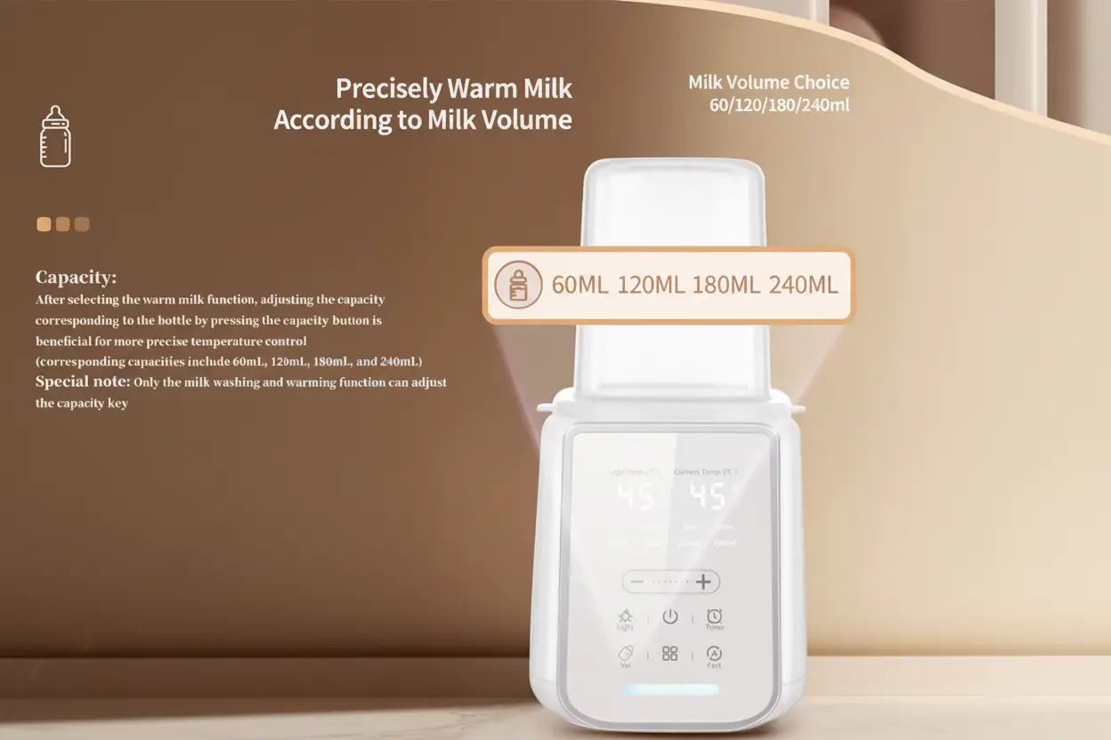 Milk warmer with capacity options displayed on a beige background