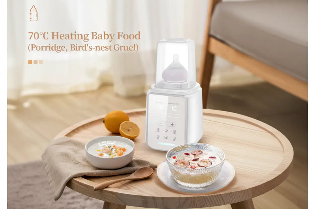 Baby food heating device on a table with bowls of porridge.