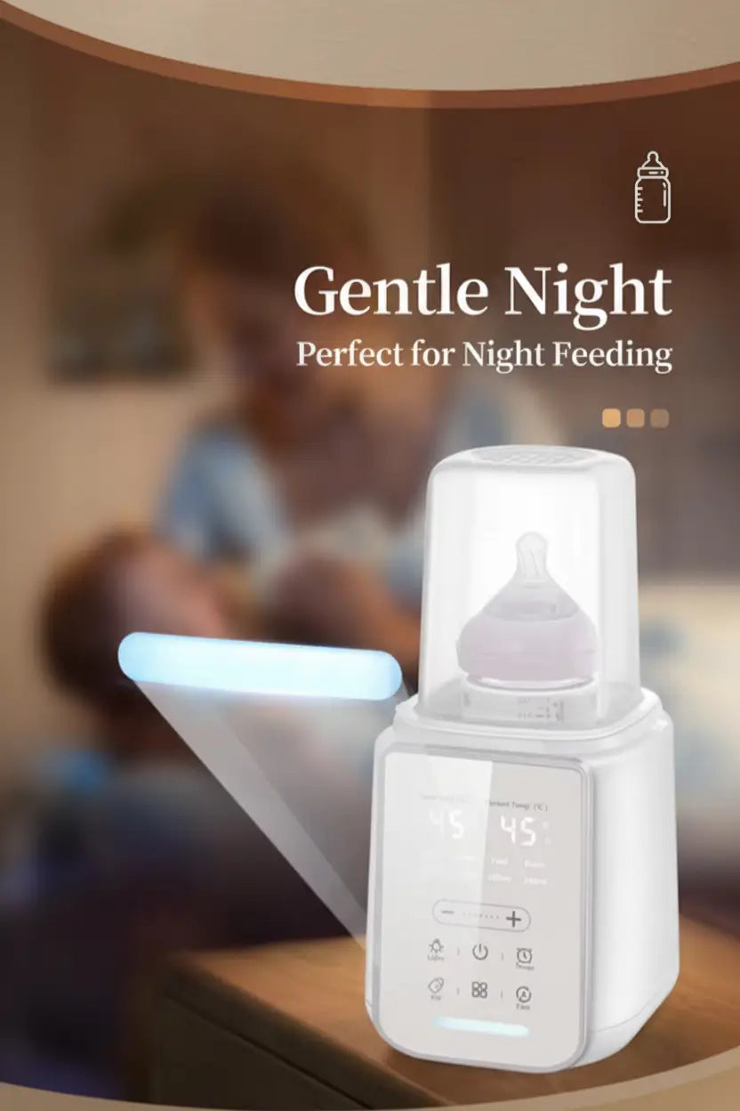 Baby bottle warmer with digital display on a blurred background