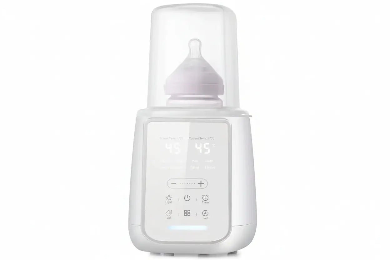 White baby bottle warmer with digital display on a white background