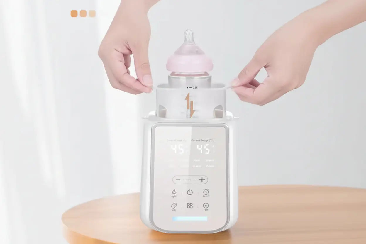 Bottle being placed into a white bottle warmer with digital display on a wooden surface.
