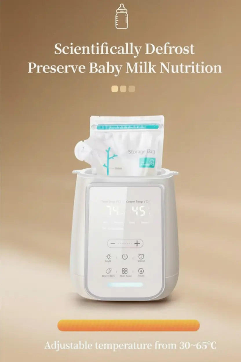 Baby milk warmer with digital display on a beige background